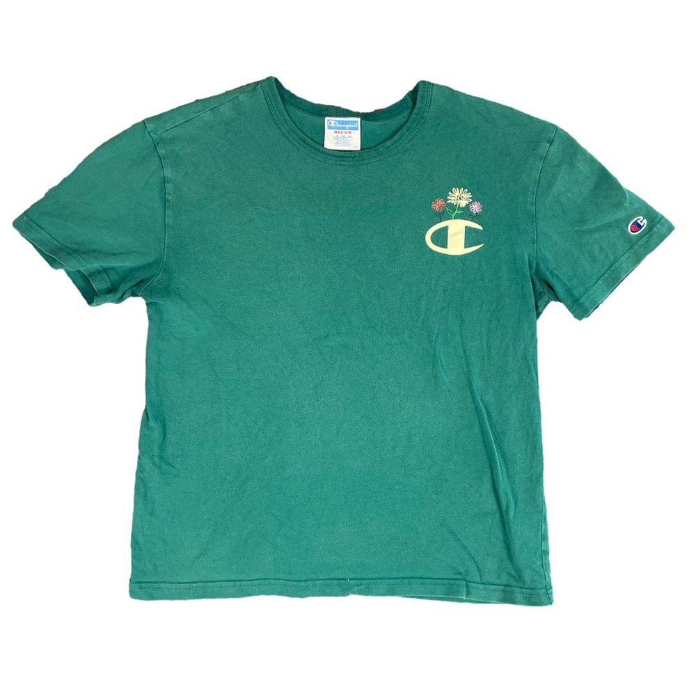 Champion Heritage Shirt Womens Medium Green Floral Logo Short Sleeve Tee EUC